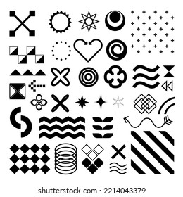 A collection of minimalist basic elements. Geometric shapes of a square, oval, flower, star, triangles. Vector set for abstract design of Bauhaus, brutalism, art. Icons for creating Vf and Vfx effects