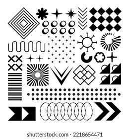 A collection of minimalist basic elements. Geometric shapes of a square, oval, flower, star, triangles. Vector set for abstract design of Bauhaus, brutalism, art. Icons for creating Vf and Vfx effects