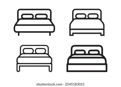 A collection of minimalist bed icons in black outline, ideal for furniture design, interior decor, and hospitality-related projects.