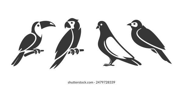 Collection Of Minimalist Bird Icons Using Negative Space Depict Toucan, Parrot, Pigeon And Sparrow Black-and-white Style
