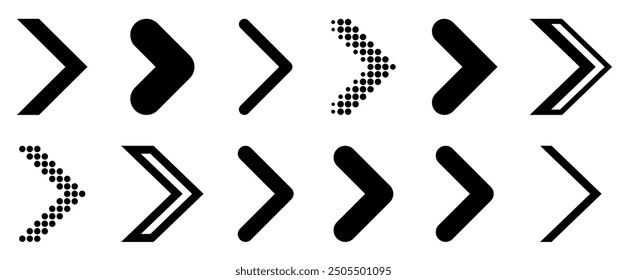A collection of minimalist black arrow icons with solid and dotted designs, showcasing various shapes for clean, modern navigation. Vector illustration.