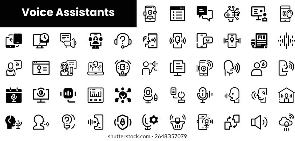A collection of minimalist black icons representing various voice assistants and related technologies, showcasing their functions in communication and automation.