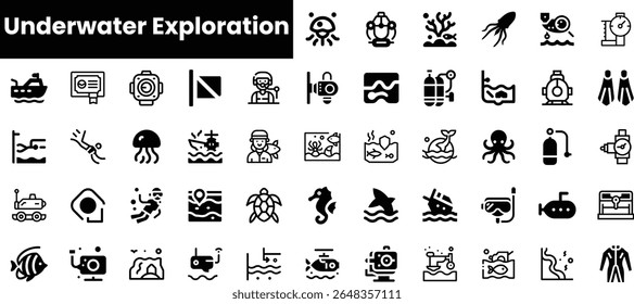A collection of minimalist black icons representing underwater exploration, including marine life, diving equipment, and aquatic environments, conveying adventure and discovery.