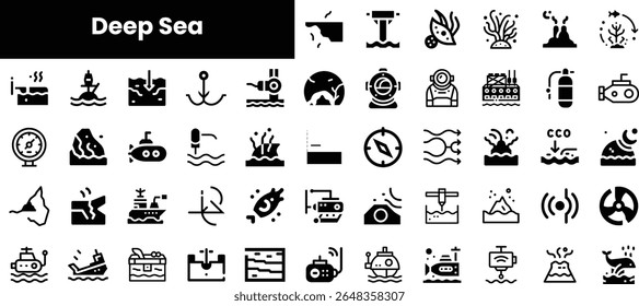 A collection of minimalist black icons representing deep sea exploration and marine life, showcasing various underwater themes and activities.