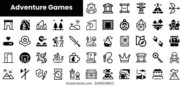 A collection of minimalist black icons representing adventure games themes, including treasure, quests, and exploration elements.