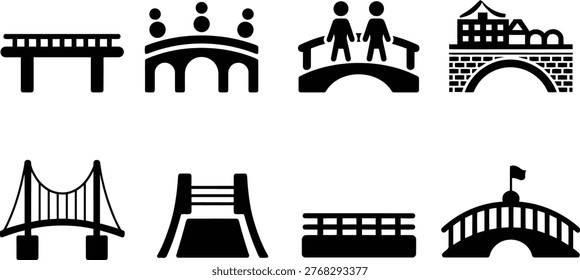A collection of minimalist black icons representing various iconic bridges and architectural landmarks from around the globe.