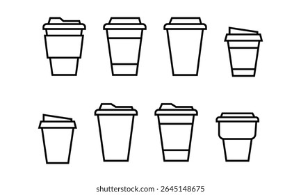 Collection of minimalist black line coffee cup icons with lids on a white background. Ideal for café menus, beverage packaging, coffee-related graphics, branding, or modern UI design elements.