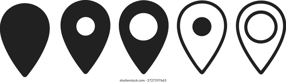 Colección de pines de Locación de mapas negros minimalistas e íconos de puntero de navegación para viajes, seguimiento geográfico y Diseños de interfaz de Web.