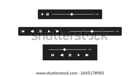 Collection of minimalist black media player interfaces with play pause and seek controls