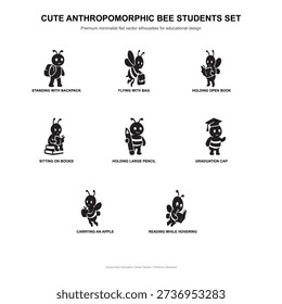 A collection of minimalist black silhouette vector icons featuring anthropomorphic bee students in various school-related poses