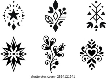 A collection of minimalist black vector icons featuring floral, celestial, and geometric boho design elements.