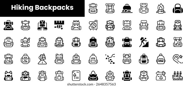 A collection of minimalist, black and white hiking backpack icons, showcasing various styles and outdoor elements to inspire adventure and exploration.