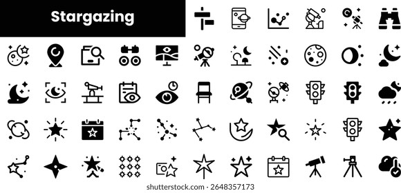 A collection of minimalist black and white icons representing various elements of stargazing, including telescopes, stars, constellations, and celestial bodies.