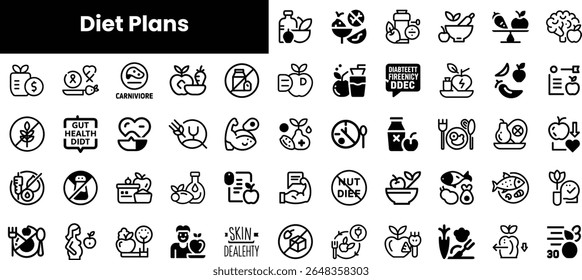 A collection of minimalist black and white icons representing various diet plans, including carnivore, plant-based, and nutritional guidelines.
