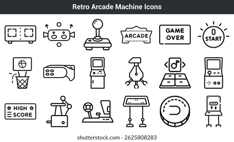 Collection of minimalist black and white retro arcade machine icons for digital design