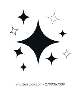 A collection of minimalist black and white sparkle vector elements featuring varying sizes of four point stars, including both solid black silhouettes and clean line outlines on white background