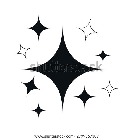 A collection of minimalist black and white sparkle vector elements featuring varying sizes of four point stars, including both solid black silhouettes and clean line outlines on white background