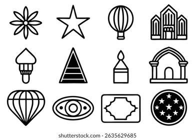 A collection of minimalist black and white vector icons for various design elements