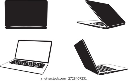 Colección de Ilustraciones vectoriales minimalistas en blanco y negro que muestran computadoras portátiles modernas desde múltiples ángulos sobre un fondo blanco limpio