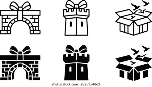 A collection of minimalist black and white vector icons featuring stylized presents, castles, and boxes with birds flying out.