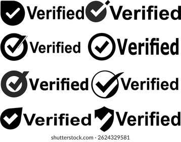 A collection of minimalist black and white verified logo icons featuring checkmarks inside circles and badges. Designed in a flat vector style for easy scaling and editing. Perfect for user interface