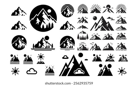 Collection of minimalist black-and-white mountain designs featuring various nature-inspired elements like trees, clouds, and sunbursts. Perfect for nature, outdoors, and design themes