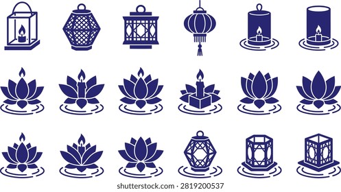 Collection of minimalist blue vector icons depicting traditional lanterns and lotus flowers adrift on gentle water ripples ideal for event invitations and cultural themes.