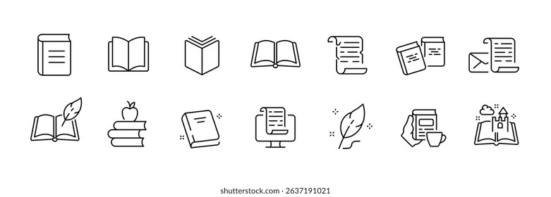 Collection of minimalist book and writing icons for creative design