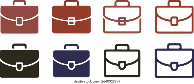 Collection of minimalist briefcase icons. Features simple, flat design with a modern, clean style. Various colors and outline options on a transparent background.