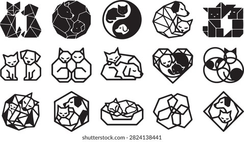 Collection of minimalist cat and dog logos featuring geometric lines and shapes. Vector set of pets cuddling or sleeping together in various symbolic arrangements for veterinary clinics or pet shops.