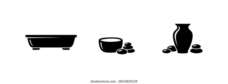 Collection of minimalist ceramic containers including rectangular bonsai pots and traditional curved vases accompanied by smooth zen river stones these decorative graphic elements serve as essential components for artistic miniature garden landscape creation or professional pottery art visual displays.