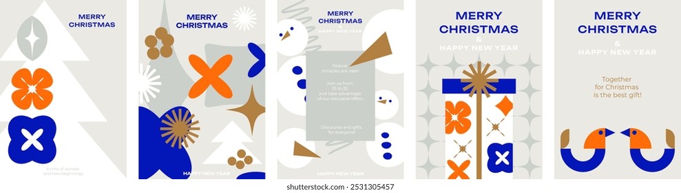 Collection of minimalist Christmas cards. Geometric design, Christmas trees, snowmen, Christmas toys, gifts. Great for greetings, business, advertising, winter promotions. Vector illustration.