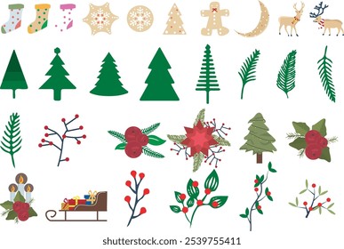 Coleção de elementos de design de Natal minimalista, folhas, flores, árvores de Natal, biscoitos de gengibre, meias e folhas de pinho