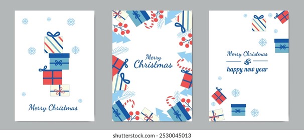 Collection of minimalist Christmas and New Year greeting templates with gift boxes, snowflakes, and festive colors