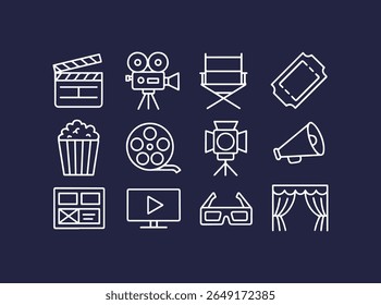 A collection of minimalist cinema icons on dark blue. From popcorn to camera all the best of cinema in a clean and recognizable style.