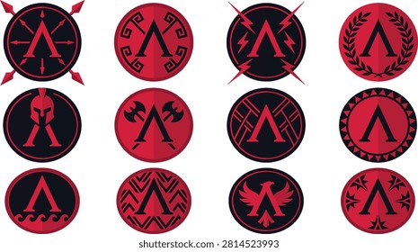 A collection of minimalist circular emblems featuring the spartan lambda symbol, helmets, axes, and laurel wreaths. Ideal for sports team logos, martial branding, and historical design projects.