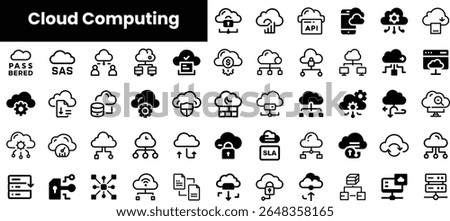 A collection of minimalist cloud computing icons in black and white, depicting various aspects like data transfer, storage, and services, creating a modern digital theme.