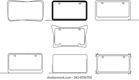 A collection of minimalist continuous line art drawings depicting various license plate frames and blank car tags