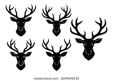A collection of minimalist deer head and antler silhouettes, presented as clean icons on a white background, suitable for various design projects.