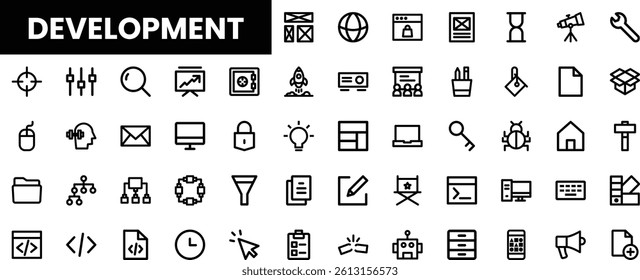 Collection of minimalist development icons in black and white.