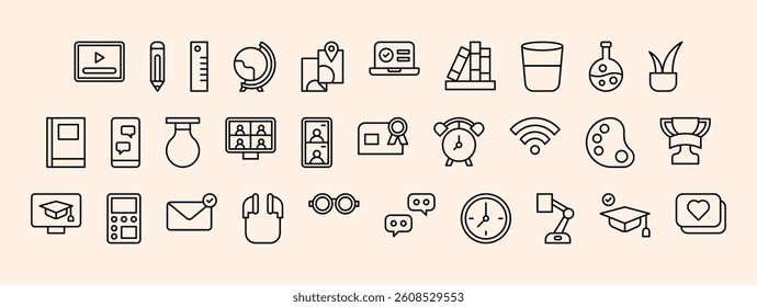 Collection of Minimalist Educational Icons Representing Home Schooling and Learning Tools for Engaging Educational Experiences