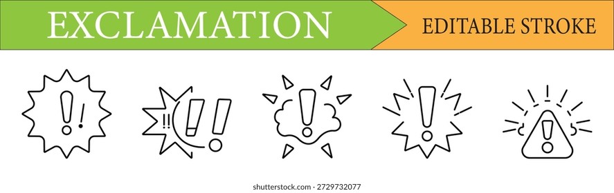 Colección de iconos de línea de signo de exclamación minimalista. Perfecto para señales de advertencia, notificaciones o alertas importantes con trazo editable.
