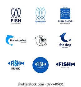Collection of minimalist flat fish logos. They can be used for fish and seafood shops, restaurants, fishing.