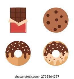 Eine Kollektion von minimalistischen Flachillustrationen, die eine Vielzahl von süßen Leckereien zum Thema Schokolade darstellen. Das Set enthält eine Bar Schokolade, einen Schokoladen-Chip-Cookie und zwei verglaste Donuts mit Sprinkles. Diese grafischen Elemente eignen sich perfekt für Menüs, Webdesign und lebensmittelbezogene Marketingmaterialien.