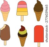 A collection of minimalist flat illustrations featuring various types of ice cream cones and popsicles in different flavors and colors.