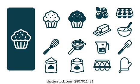 Collection of minimalist flat line baking icons featuring muffins, flour sacks, blueberries, whisk, mixing bowl, spatula, measuring cup, egg carton, and oven mitt on white background.