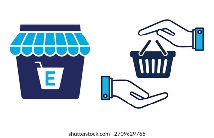Una colección de iconos vectoriales minimalistas y planos para el comercio electrónico y las compras, presentados como un objeto aislado sobre un fondo blanco. Este conjunto incluye varios símbolos relacionados con las compras.