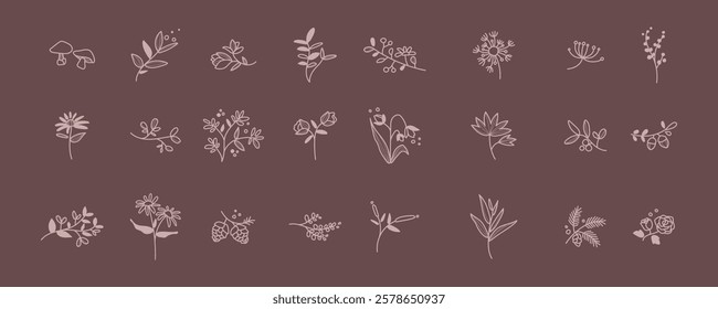 Collection of minimalist floral icons on a brown background. Simple floral designs, each flower icon unique. Perfect for nature-themed projects. Spring flower illustrations, isolated vector set.