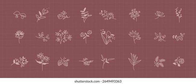 Collection of minimalist floral line drawings on a red grid background. Features various flowers and leaves in a simple, elegant style. Spring flower illustrations, isolated vector set.
