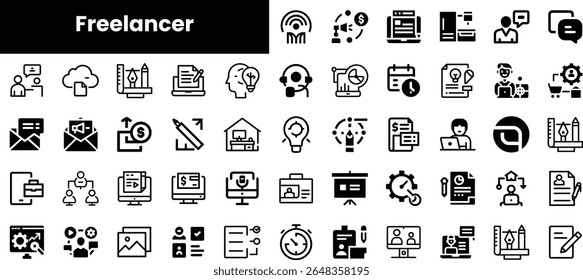 Uma coleção de ícones minimalistas relacionados ao freelance que mostram produtividade, comunicação e criatividade, ideais para representar o estilo de vida freelance em um design moderno.